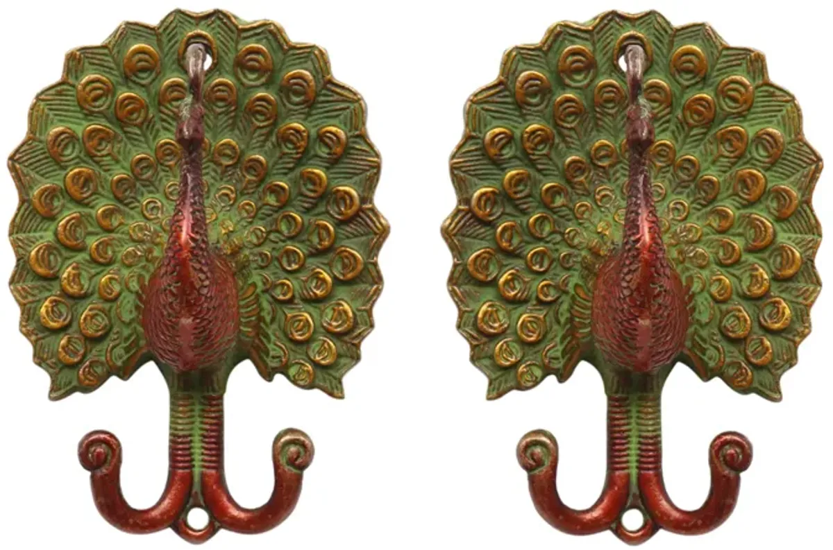 Green & Red Brass Peacock Wall Hooks