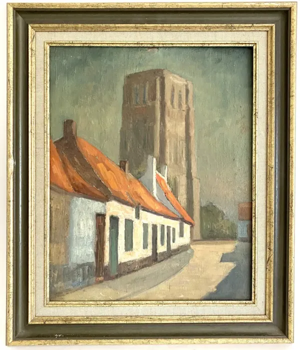 Midcentury French Village Oil Painting