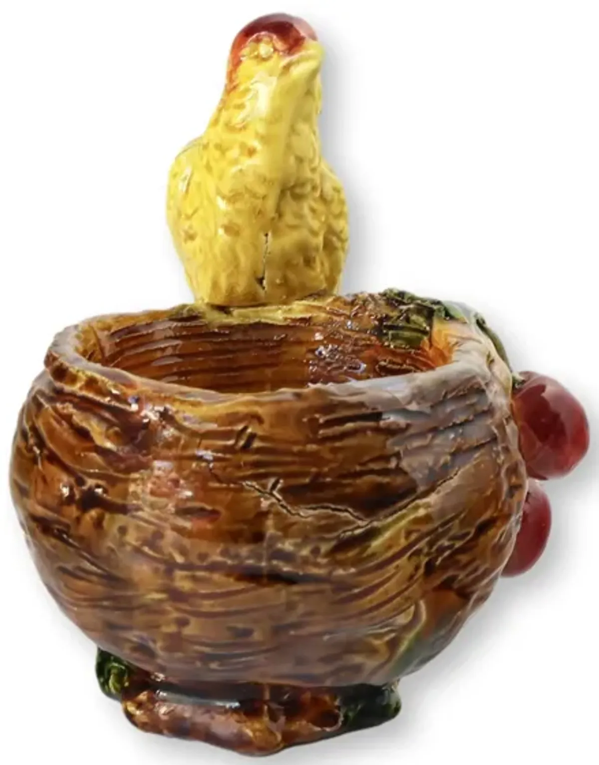 English Majolica Bird Nest &Cherries Pot