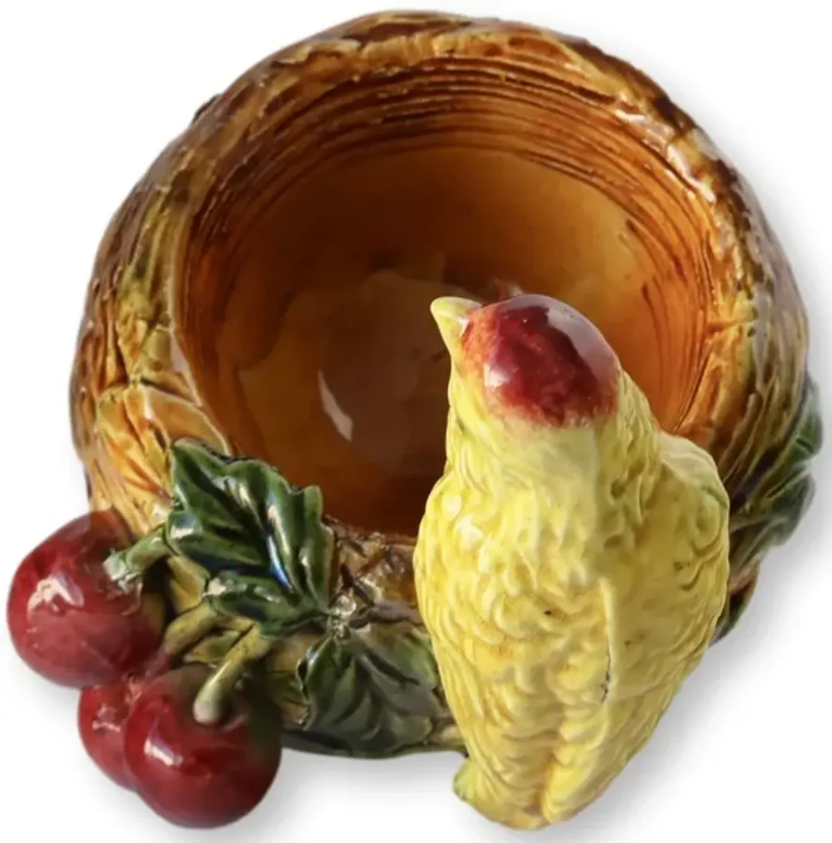 English Majolica Bird Nest &Cherries Pot