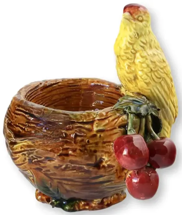 English Majolica Bird Nest &Cherries Pot