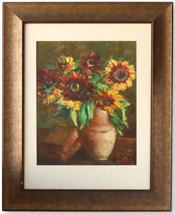 French Still Life Painting of Sunflowers - Rose Victoria - Brown