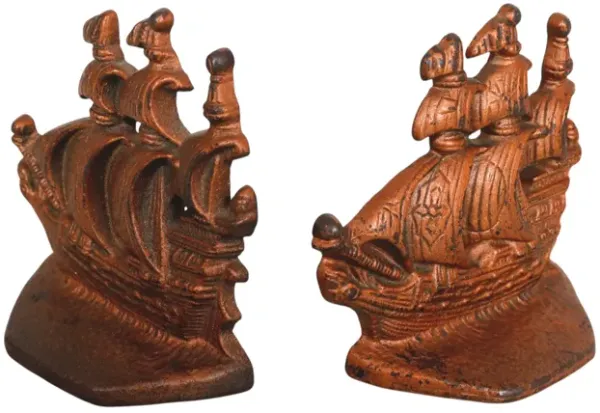 1930’s Cast Iron Carrack Ship Bookends - Interesting Things - Brown