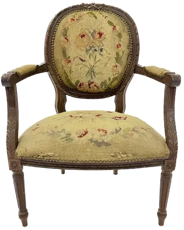 Floral Needlepoint Medallion Back Chair - Brown