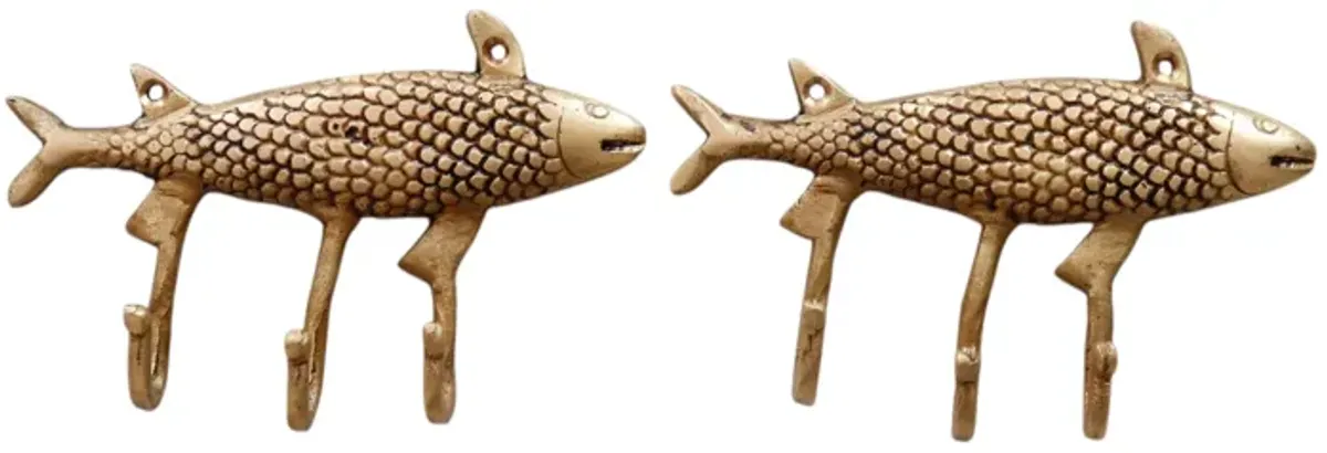 Brass Fish Wall Hooks - a Pair - gold