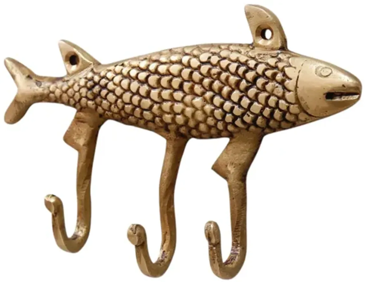 Brass Fish Wall Hooks - a Pair - gold