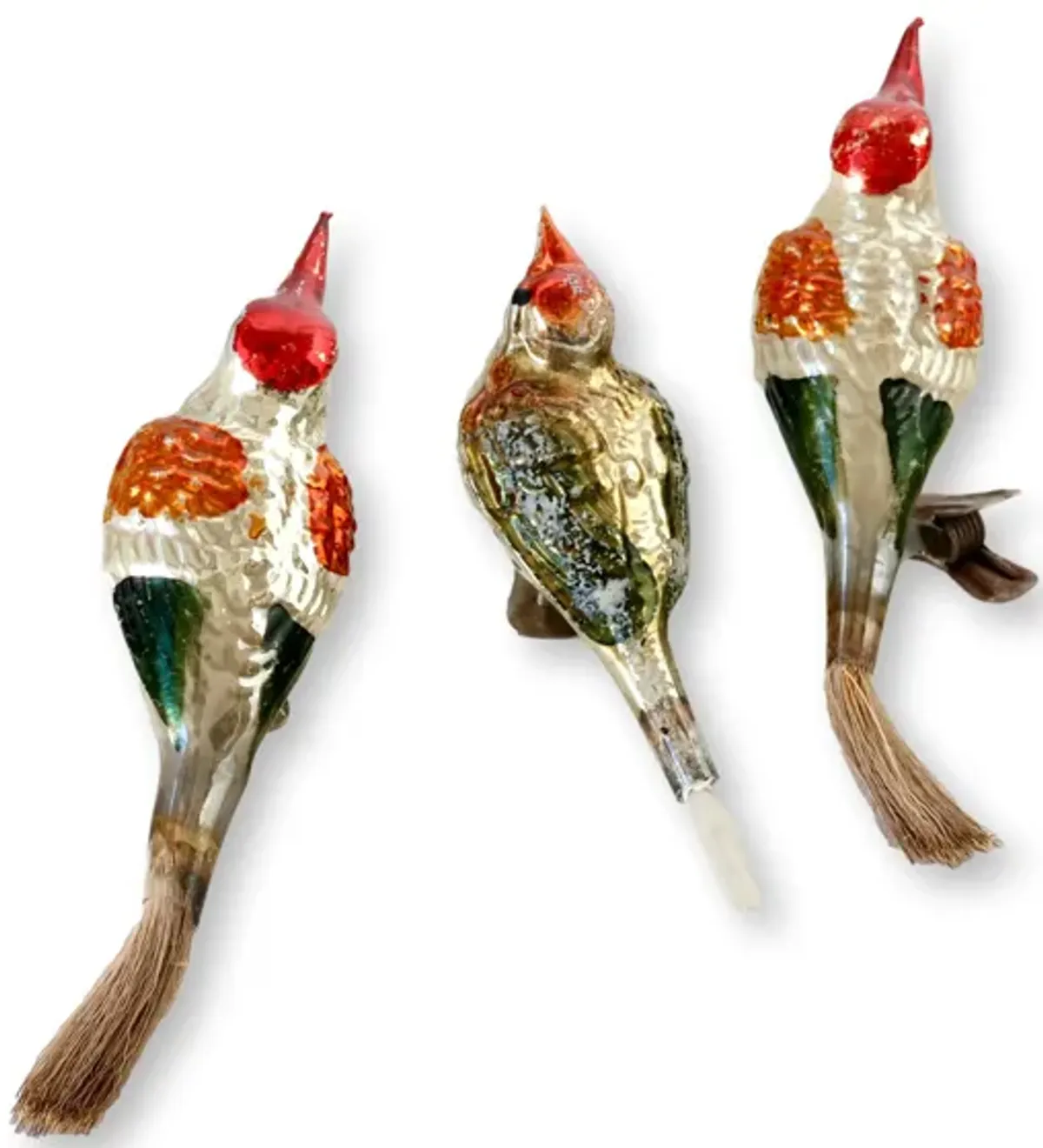 Early Mercury Glass Bird Ornaments - Set of 3 - Rose Victoria - silver