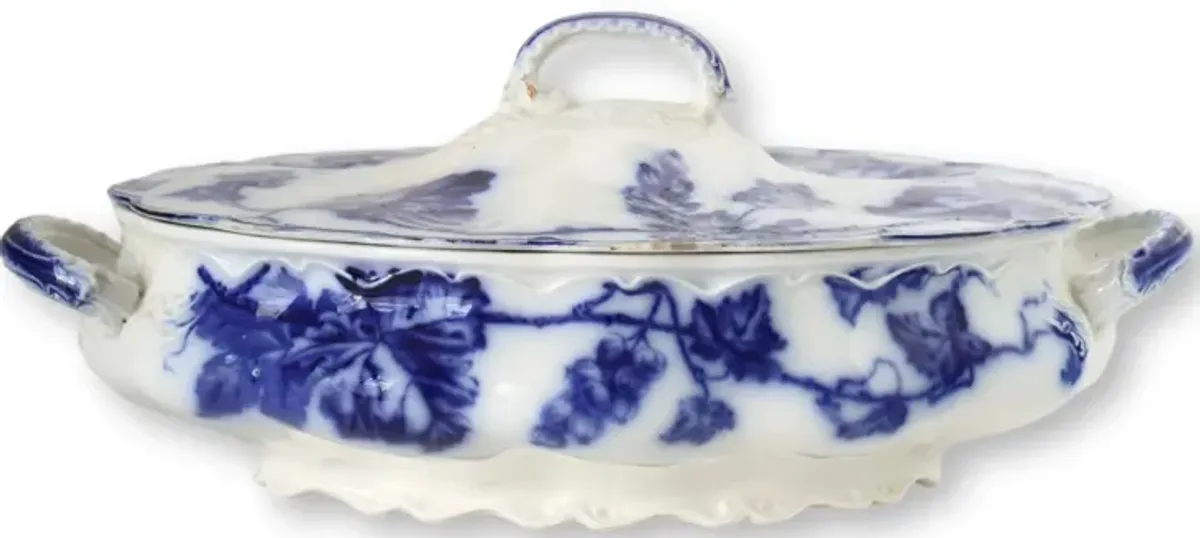 Englsih Flow Blue Grapevine Covered Dish - Rose Victoria
