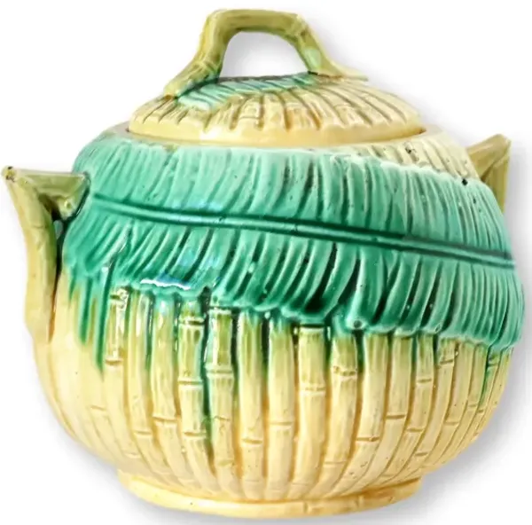 Antique Majolica Bamboo &Fern Sugar Bowl - New England Mercantile - Green