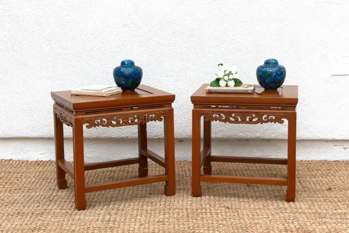 Vintage Carved Elm & Burr End Tables - Brown