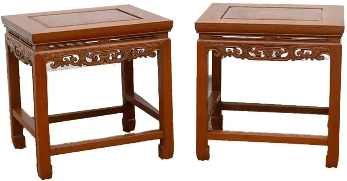 Vintage Carved Elm & Burr End Tables - Brown