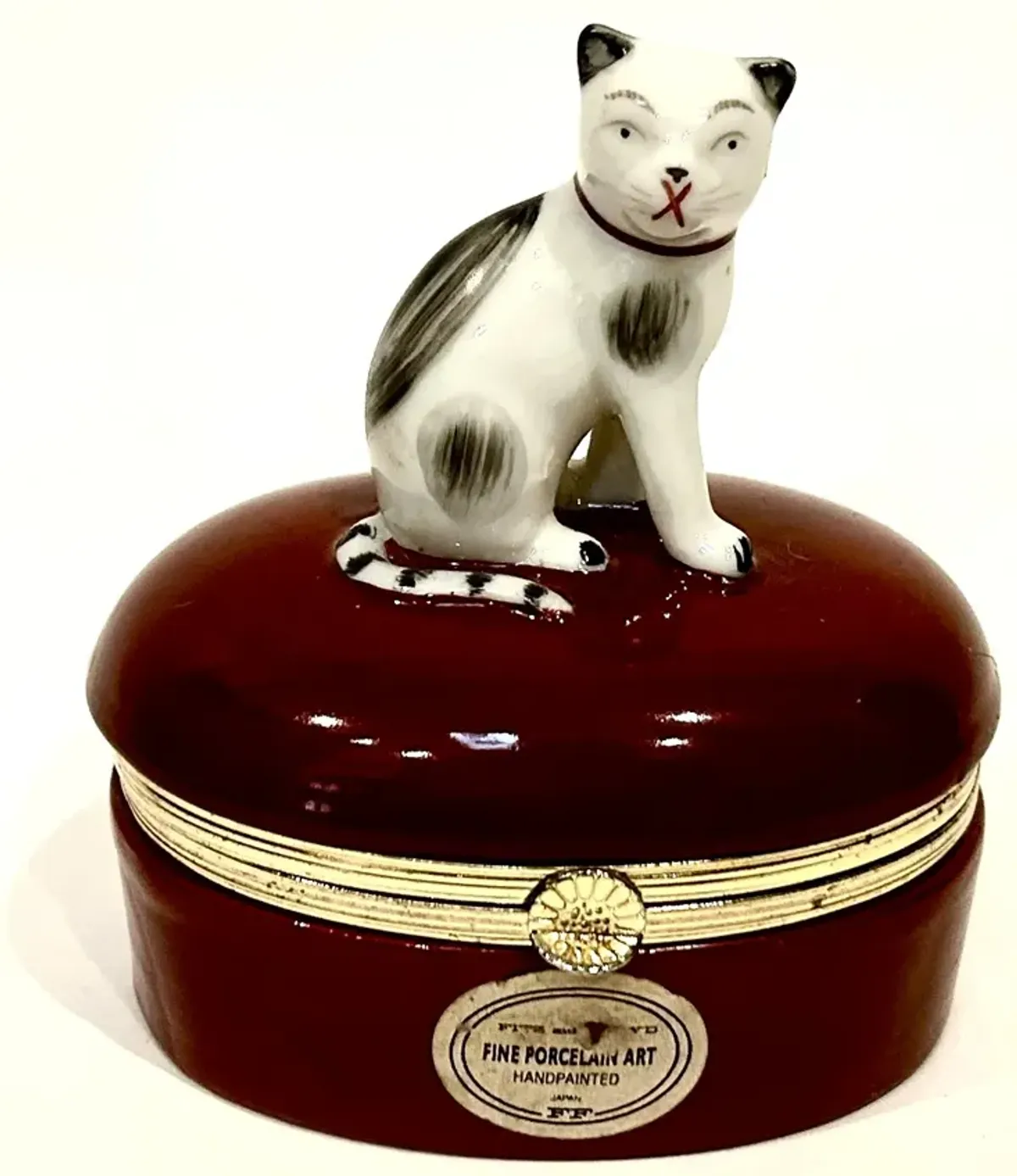 Porcelain & Ormolu Cat Box - Red