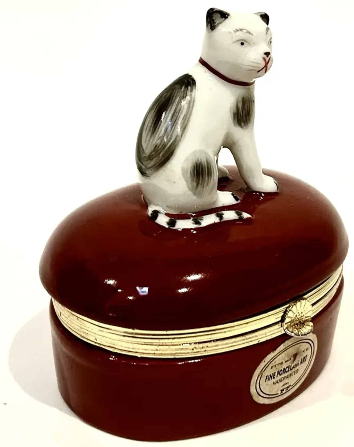 Porcelain & Ormolu Cat Box - Red