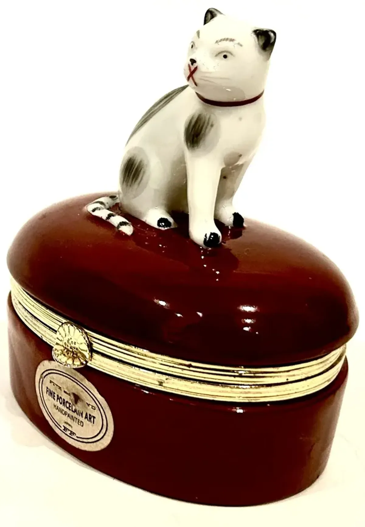 Porcelain & Ormolu Cat Box - Red