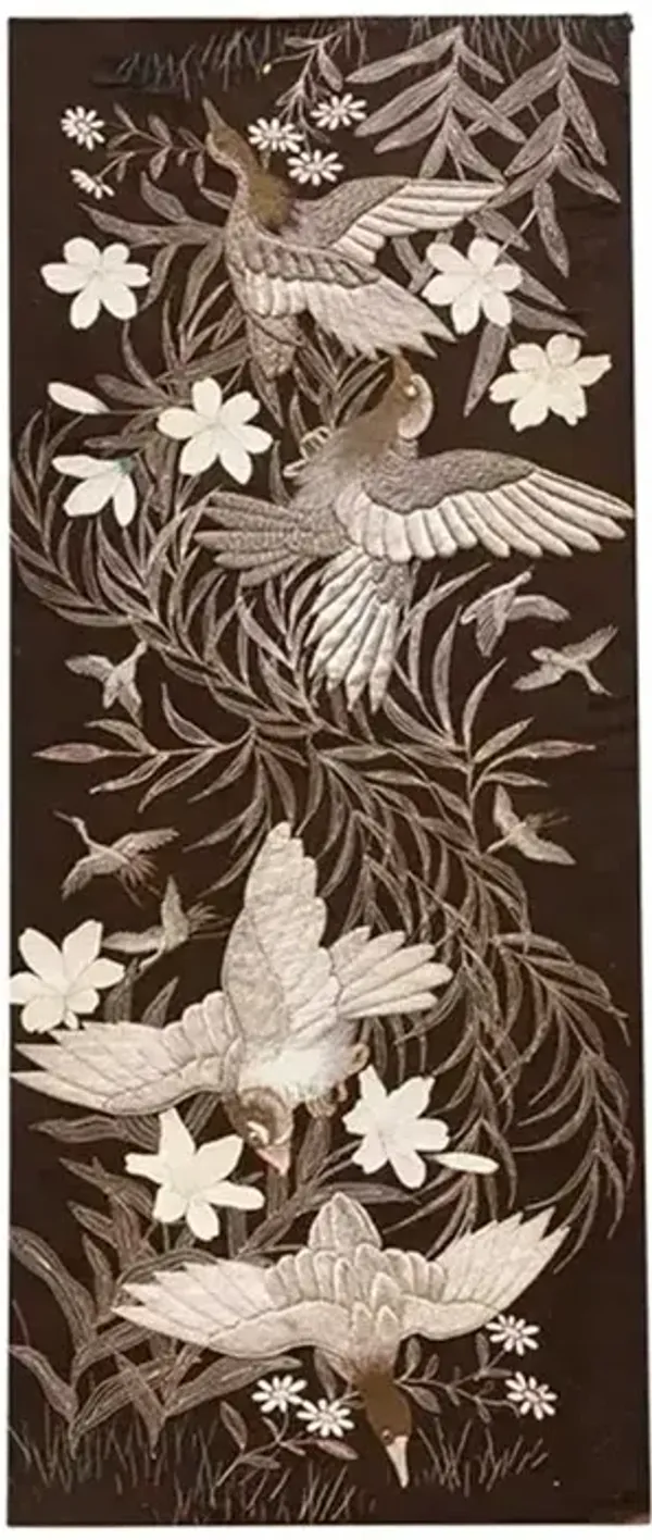 Mid Century Embroidered Bird Textile Art - de-cor - Brown