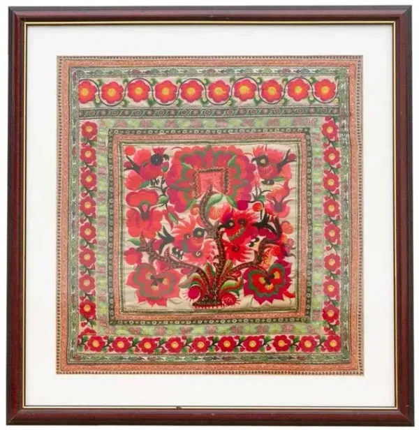 Floral Rhapsody - Antique Framed Textile - de-cor - Red