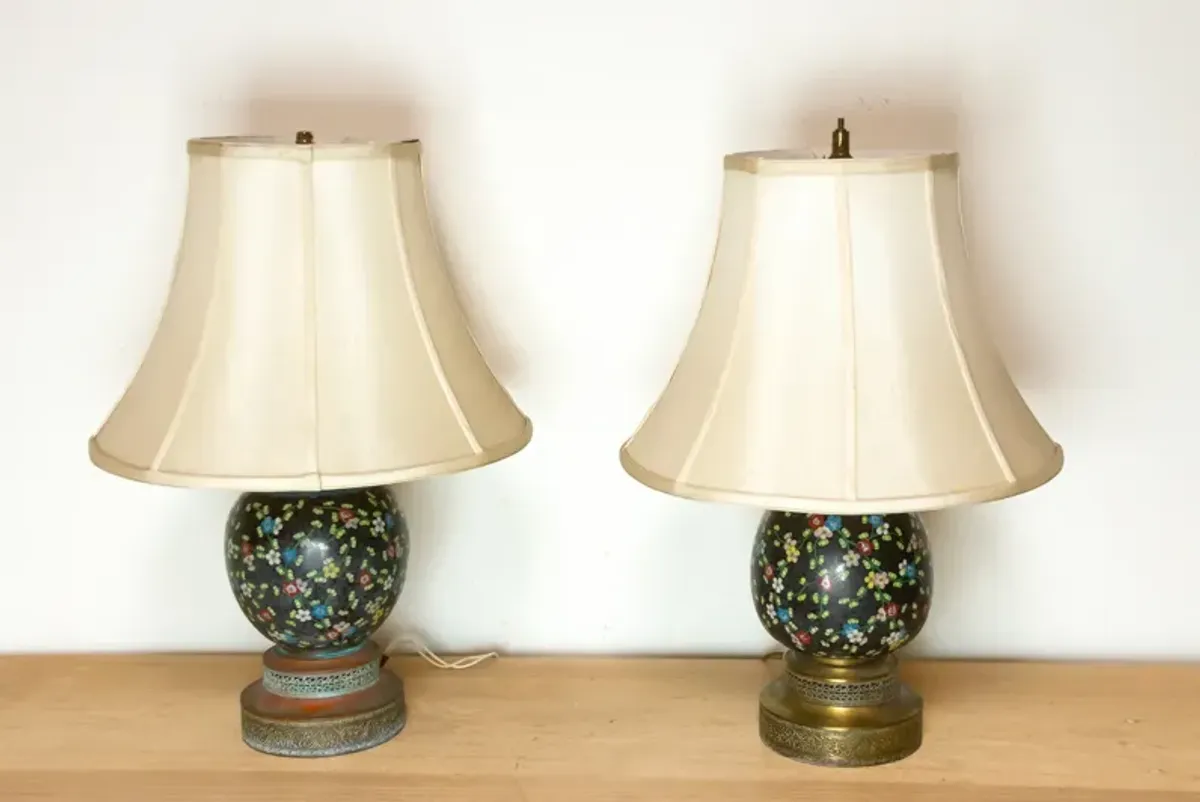 Pair of Floral Chinese Cloisonn Lamps - de-cor - black