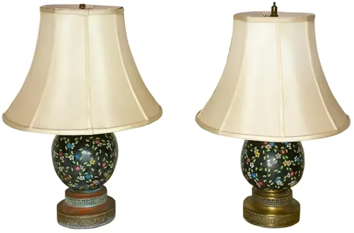 Pair of Floral Chinese Cloisonn Lamps - de-cor - black