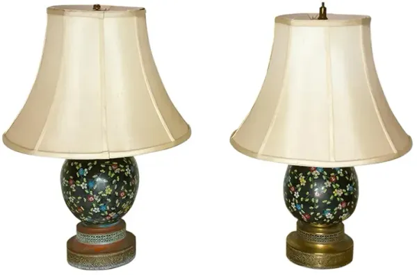 Pair of Floral Chinese Cloisonné Lamps - de-cor - Black