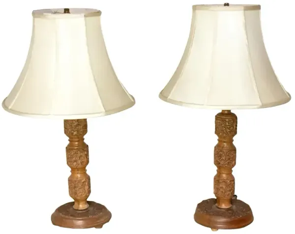 Pair of Hand-carved Kashmiri Wood Lamps - de-cor - Handcrafted - Brown