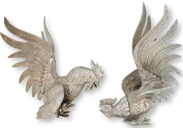 French Fighting Bird Table Ornaments Set of 2 - Rose Victoria - Silver