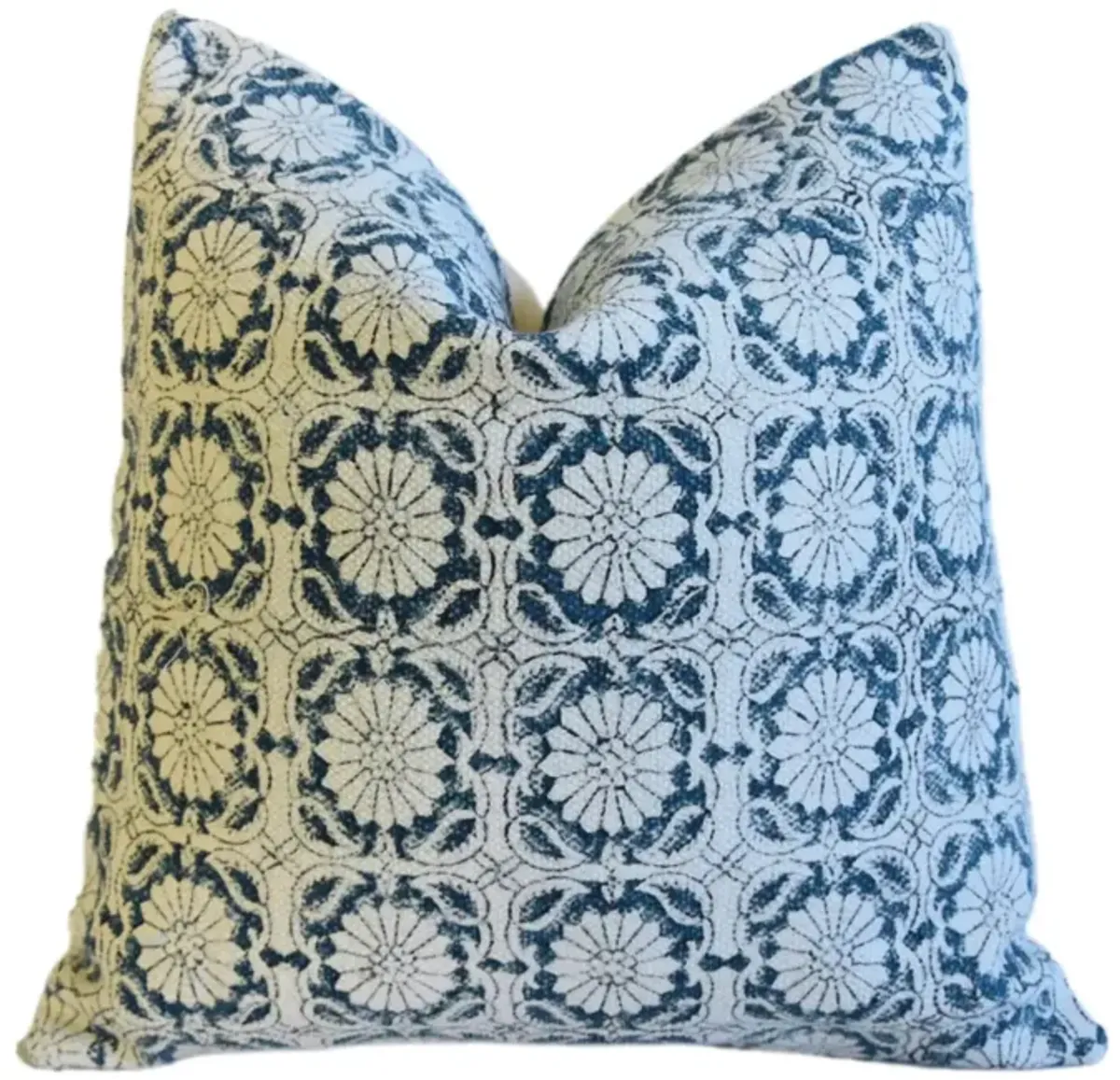 Hand-Printed Blue Floral Cotton Pillow