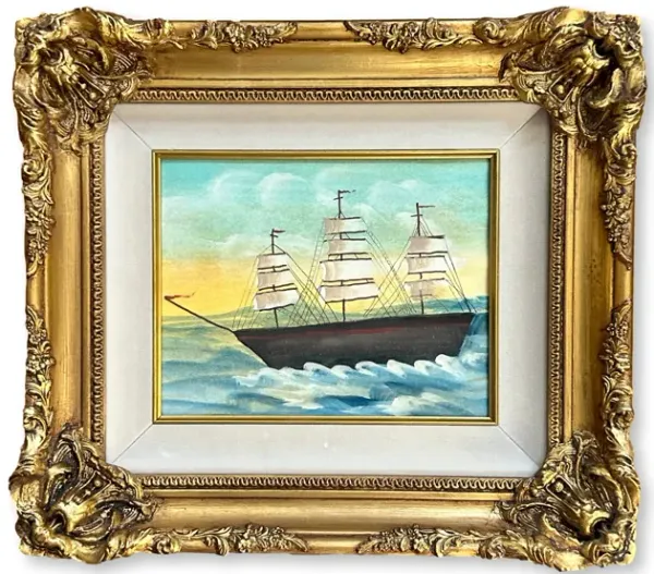 Folk Art Clipper Ship Watercolor - Rose Victoria - Blue