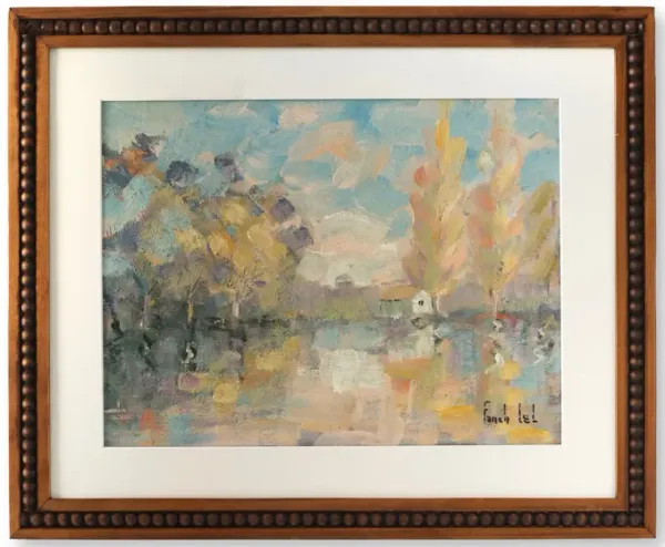 French Farmhouse Landscape Oil Painting - Rose Victoria - Blue