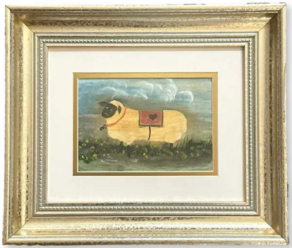Folk Art Sheep with Heart Blanket - Rose Victoria - Gold