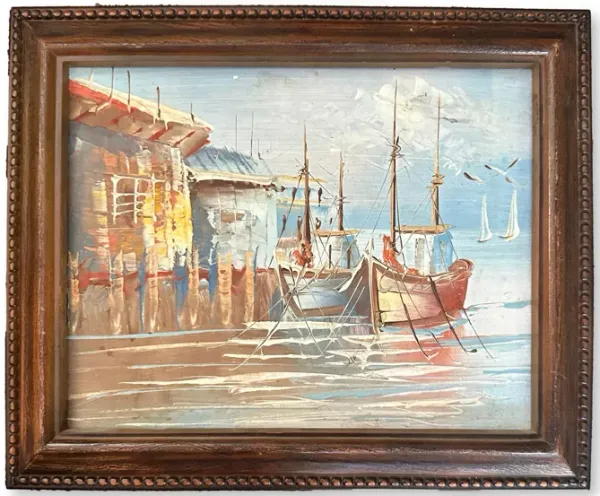 Small Early 1900s French Harbor Painting - Rose Victoria - Brown