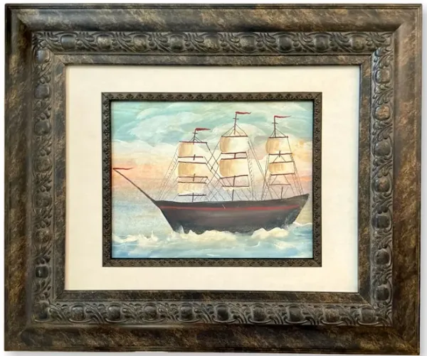 Folk Art Watercolor of a Clipper Ship - New England Mercantile - Beige
