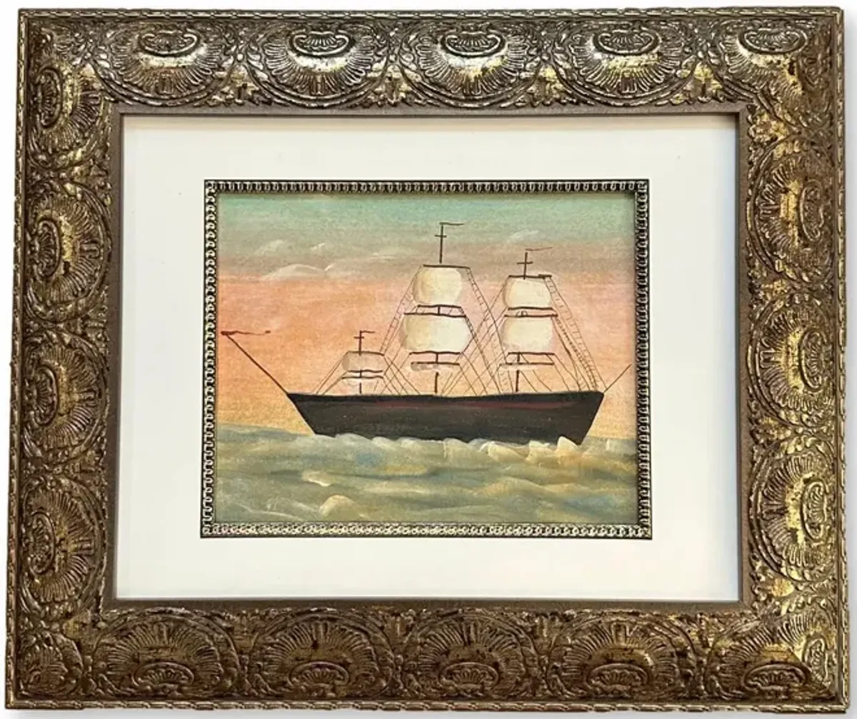 Folk Art Watercolor of a Clipper Ship