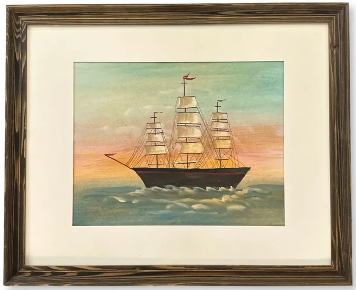 Folk Art Watercolor of a Clipper Ship - New England Mercantile - Blue