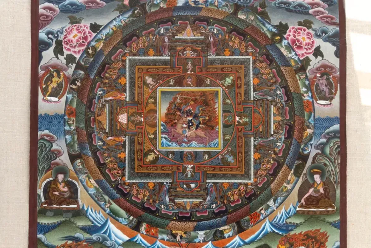 Framed Cosmic Mandala Tibetan Thangka - de-cor - Multi