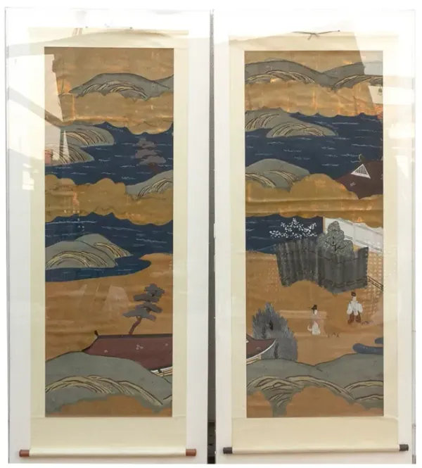 Set of 2 - Tall Antique Japanese Scrolls - de-cor - Blue