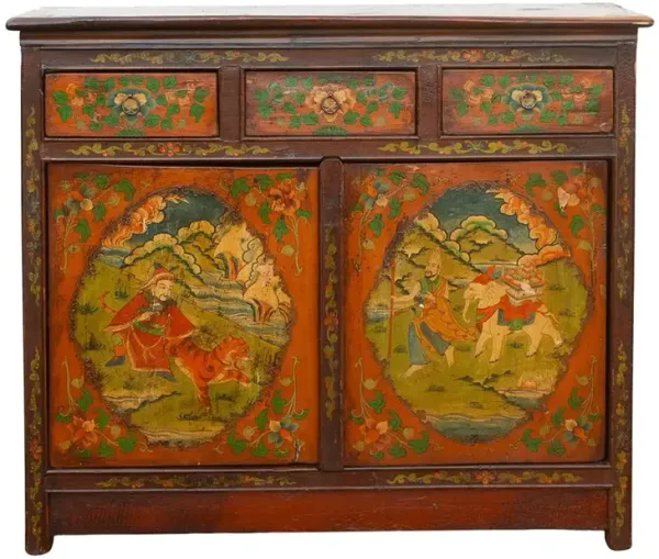 Tibetan Antique Painted 3-Drawer Cabinet - de-cor - Brown
