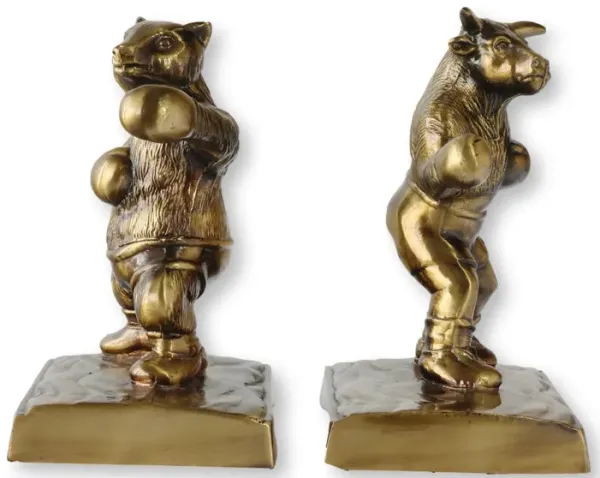 Wall Street Bull & Bear Bookends - The Queens Landing - Gold