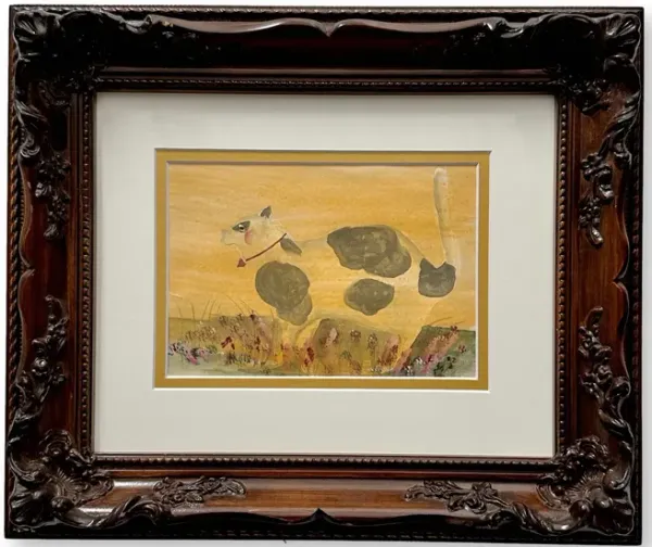 Vintage Folk Art Watercolor of a Cat - New England Mercantile - Brown