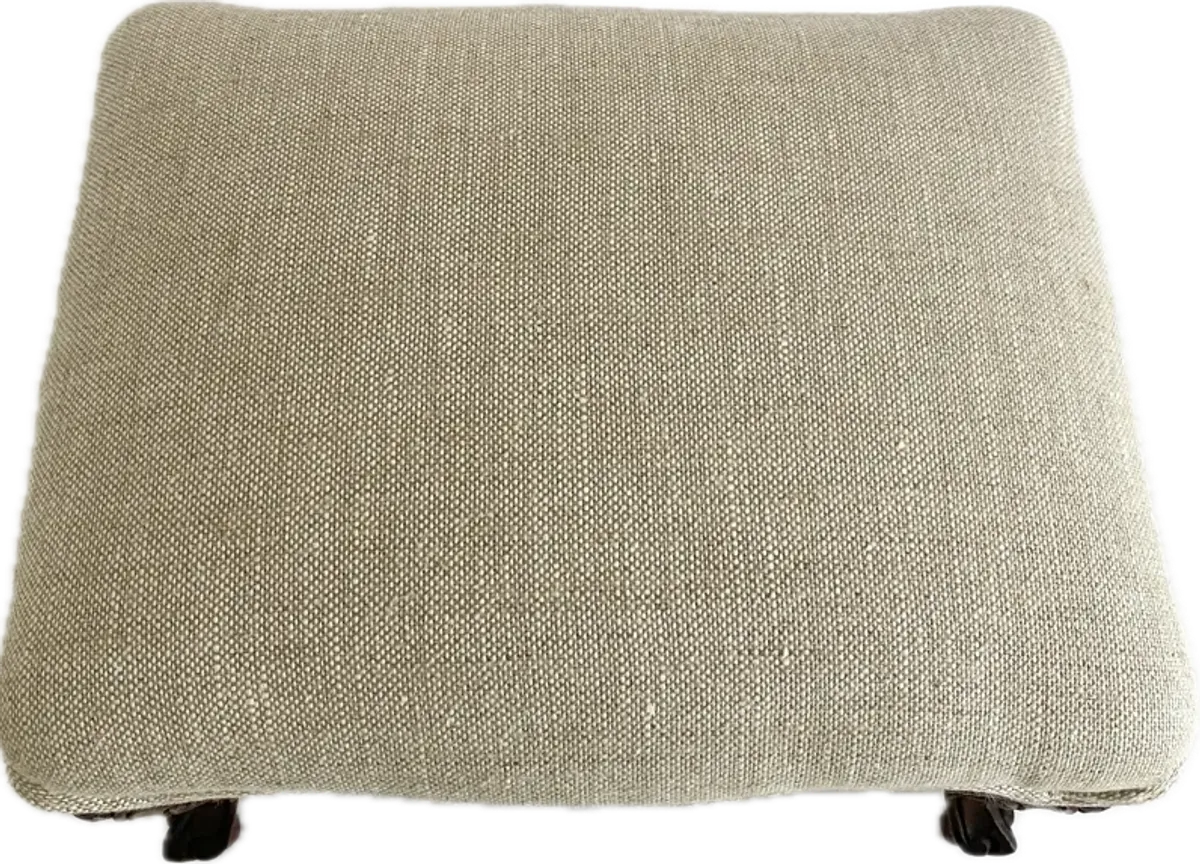 French Walnut Footstool W/ Natural Linen - Ballyhoo