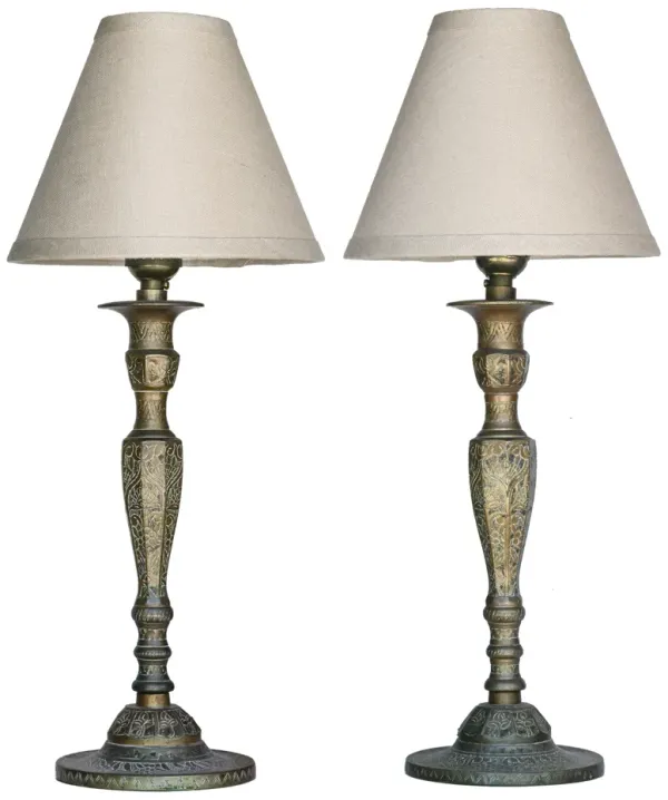 Etched Bronze Candlestick Lamps - a pair - Fleur de Lex Antiques - brown
