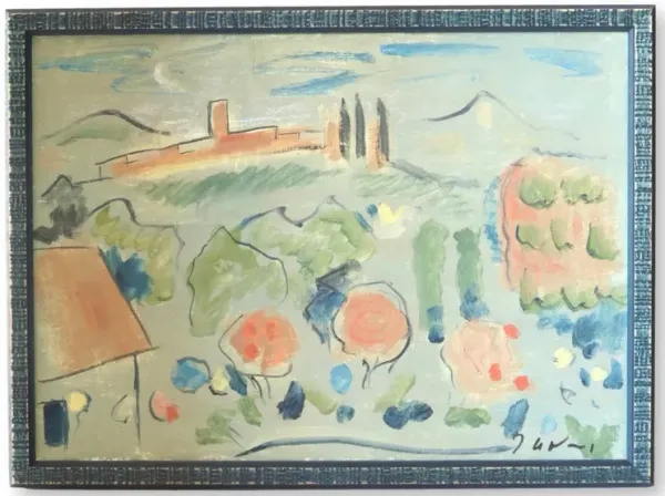 French Modernist Landscape Painting - New England Mercantile - Blue