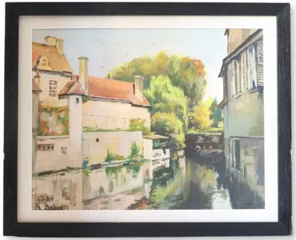 Vintage French Canal Scene Painting - Rose Victoria - Green