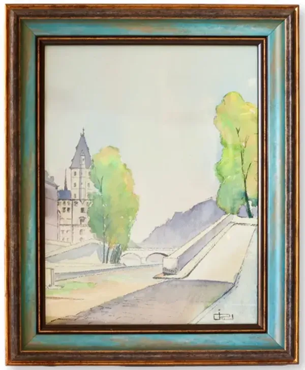 Vintage French Watercolor - New England Mercantile - blue