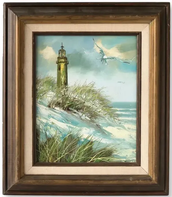 Midcentury LIght House Oil on Canvas