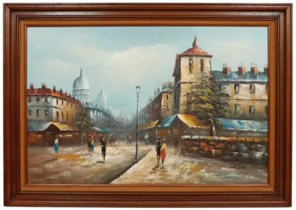 European Street Scene Oil on Canvas - Interesting Things - Brown