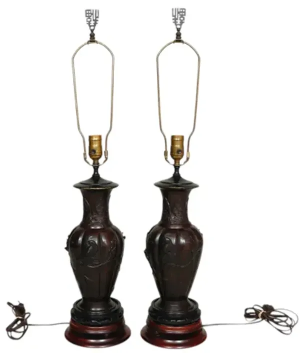 Bronzed Chinoiserie Table Lamps - a Pair - Interesting Things - brown