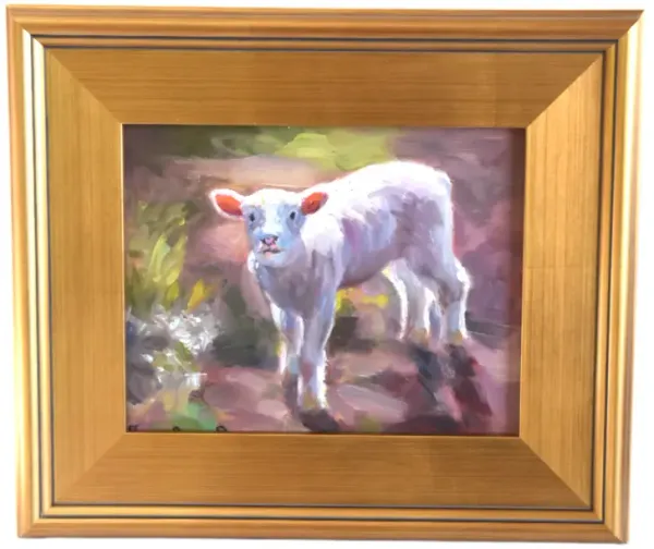 Farm Baby White Lamb Sheep Oil Painting - Purple