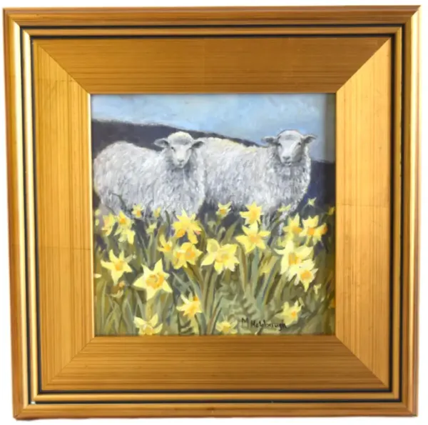Sheep in a Field of Daffodils Painting - Green