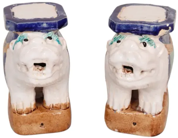 Ceramic Foo Dog Plant Stands - a Pair - Interesting Things - white