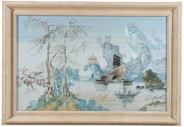 Signed Shan Shui Watercolor Painting - Interesting Things - blue